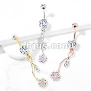 CZ Flower with Pink CZ Center and Marquise CZ Leaf on Vine Dangle 316L Surgical Steel Belly Button Navel Rings