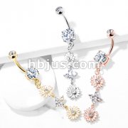 Double Enamel Flower with CZ Center and 4 CZ Flower Dangle 316L Surgical Steel Belly Button Navel Rings