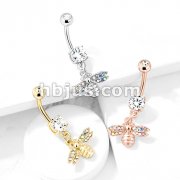 Bee with AB Crystal Paved Wings Dangle Double Jeweled 316L Surgical Steel Belly Button Navel Rings