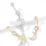 CZ Paved Crescent Dangle 316L Surgical Steel Belly Button Navel Rings