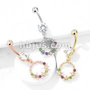 AB Crystal Flowers and Multi Colored Gems Set Circle Dangle Double Jeweled 316L Surgical Steel Belly Button Navel Rings