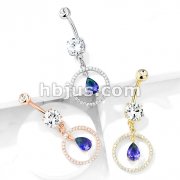CZ Paved Circle with Pear Shaped Green and Blue Two Tone CZ Dangle Double Jeweled 316L Surgical Steel Belly Button Navel Rings