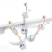 Round CZ Prong Set with Large Tear Drop CZ with CZ Around Dangle 316L Surgical Steel Belly Button Navel Rings