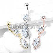 Round CZ Prong Set with Large Marquise  CZ with CZ Around Dangle 316L Surgical Steel Belly Button Navel Rings
