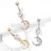 CZ Paved Crescent Dangle Round CZ Set 316L Surgical Steel Belly Button Rings