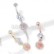 Pink Enamel Cluster with CZ Around Dangle Round CZ Set 316L Surgical Steel Belly Button Rings