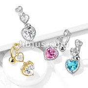 Triple Heart Vertical Drop with Large Heart CZ Bottom Heart Top Drop 316L Surgical Steel Belly Button Rings
