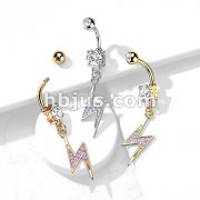 Lightning Bolt Paved with AB CZ Dangle 316L Surgical Steel Jeweled Belly Button Rings