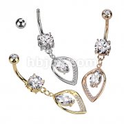 316L Surgical Steel Belly Ring With Hollow CZ Pave Leaf and Marquise CZ Center