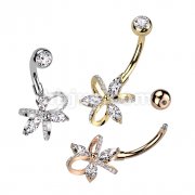 316L Surgical Steel Belly Ring With 3 Marquise CZ and 3 Hollow Pave CZ Petals