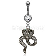 316L Surgical Steel Hematite Cobra with Green CZ Eyes Dangle Navel Ring