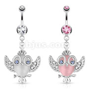 316L Surgical Steel Navel Ring Crowned Owl With Gemmed Wings and Eyes Dangle