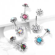 Colored Gem Center and Clear Gem Petals Antique Silver Plated Flower with Internally Threaded Gemmed Flower Top 316L Surgical Steel Belly Button Navel Rings