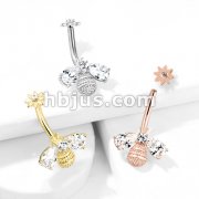Bee with CZ Wings and Face with Internally Threaded CZ Center Flower Top 316L Surgical Steel Belly Button Navel Rings