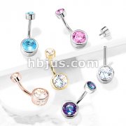 Bezel Set Round CZ and Stamped Sides with Internally Threaded CZ Top 316L Surgical Steel Belly Button Navel Rings
