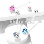 Double Jeweled Prong Set Heart CZ Pregnancy Belly Rings Bioflex with 316L Surgical Steel Balls