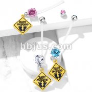 Double Jeweled Prong Set Round CZ with Baby on Board Sign Dangle Pregnancy Belly Rings Bioflex with 316L Surgical Steel Balls