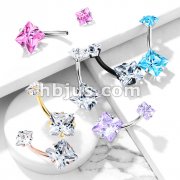 Square CZ Prong Set with Internal thread Top Double Jeweled 316L Surgical Steel Belly Button Navel Rings