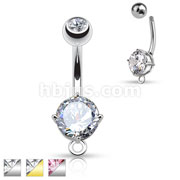 Round CZ Prong Set 316L Surgical Steel Belly Rings with O-Ring for Add on Dangles