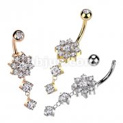 CZ Flower With Double Round CZ Dangle 316L Surgical Steel Belly Button Ring