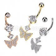 316L Surgical Steel Pressed Fit CZ Top and Round Prong Set CZ Bottom With Pave CZ Butterfly and Prong Set CZ Dangle Belly Button Ring
