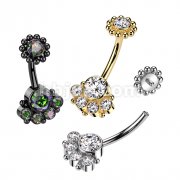 5 Round Bezel Set CZ With Balls and Bezel Set CZ Center and Beaded Ball Edge Top Internally Threaded 316L Surgical Steel Belly Ring