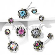Floral Filigree Double Flower Top 316L Surgical Steel Belly Button Navel Rings