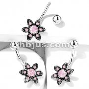 Pink Opalite Crystal Paved Flower 316L Surgical Steel Belly Button Navel Rings