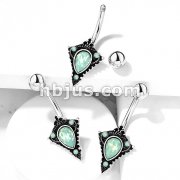 Green Opalite Crystal Set Tribal Shield 316L Surgical Steel Belly Button Navel Rings