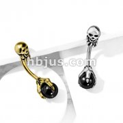 Claw Holding Black Ball with Skull Top 316L Surgical Steel Belly Button Navel Rings