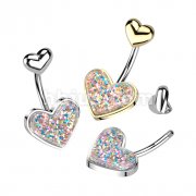 Glitter Heart With Heart Top 316L Surgical Steel Belly Ring