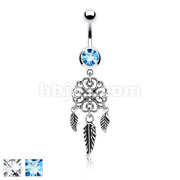 Heart Filigree Dream Catcher Dangle 316L Surgical Steel Jeweled Ball Belly Button Rings