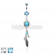 Turquoise Centered Tribal Sun with Feather and Arrows Dangle Double Jeweled 316L Surgical Steel Belly Rings