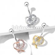 CZ Paved Hollow Heart with CZ Flower Center 316L Surgical Steel Belly Button Navel Rings
