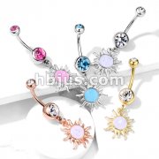 Tribal Sun with Opal Glitter Center Dangle Double Jeweled 316L Surgical Steel Belly Button Navel Rings