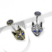Blue Crystal Eyes Tribal Cat with Blue Crystal Center Flower Top 316L Surgical Steel Belly Button Navel Rings