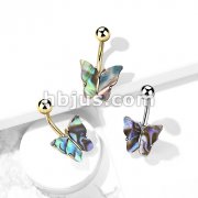 Abalone Shell Covered Butterfly 316L Surgical Steel Belly Button Ring