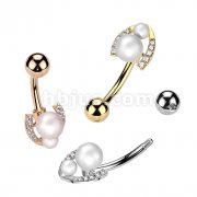 316L Surgical Steel Belly Ring With Double Pearl and Pave CZ Horseshoe