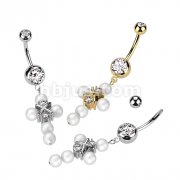316L Surgical Steel Double Jeweled Belly Button Ring Dangle Pearl Cross With 2 Gem Center