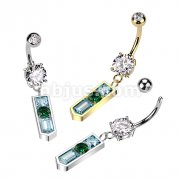 316L Surgical Steel Double Jeweled Belly Button With Pointed Baguette Mixed CZ and Glass Dangle