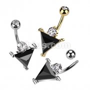 316L Surgical Steel Belly Button Ring With Huge Black Triangle CZ Bottom