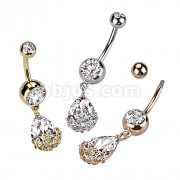 316L Surgical Steel Double Jeweled CZ With Pear CZ Floral Prong Set Dangle Belly Button Ring