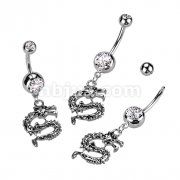Double Jeweled 316L Surgical Steel Belly Button Navel Ring With Dragon Dangle