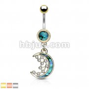 Mother of Pearl Inlay Crescent Moon and CZ Stars Dangle 316L Surgical Steel Belly Rings