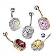 316L Surgical Steel Belly Ring With Pave CZ's Around Large Oval Prong Set CZ