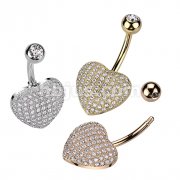 316L Surgical Steel 3D Heart Belly Ring With Pave CZ's