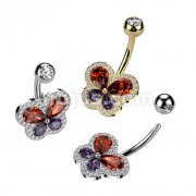 316L Surgical Steel Belly Ring With CZ Butterfly and Pave CZ Edge