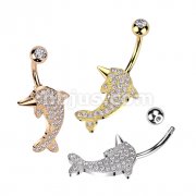 316L Surgical Steel Belly Ring With Pave CZ Dolphin