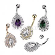 316L Surgical Steel Belly Ring With Large Teardrop CZ Center and Pave CZ Edge