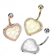 316L Surgical Steel Belly Ring With Hollow Heart Center and Pave CZ Edge